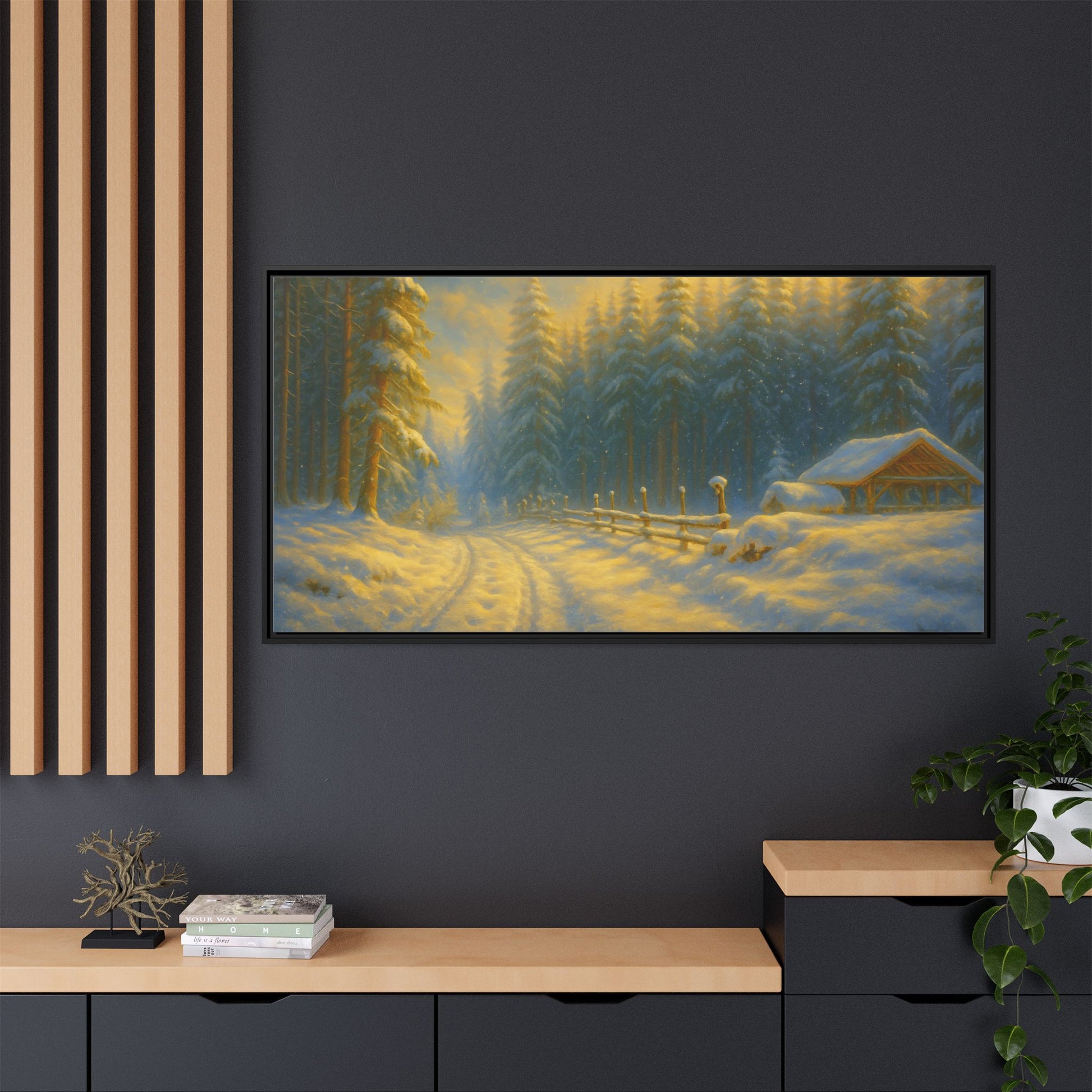 Framed winter cabin canvas print featuring a snowy forest sunset, wall art by Printify showcasing a cozy winter scene.