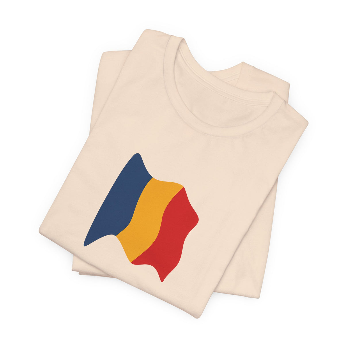 Romania flag T-shirt by Printify featuring a minimalist waving tricolor design on a casual cotton tee.