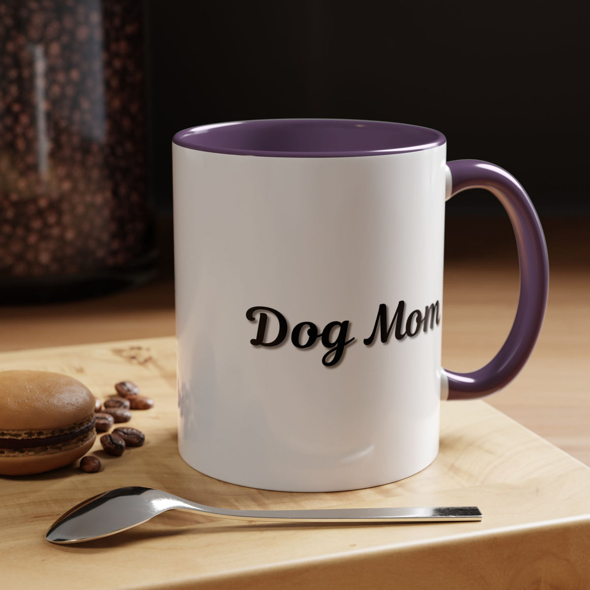 Dog Mom Accent Coffee Mug — white ceramic coffee mug with retro script "Dog Mom" print, colored interior and C-handle, 11oz/15oz, close-up of the printed design
