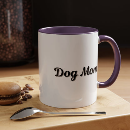 Dog Mom Accent Coffee Mug — white ceramic coffee mug with retro script "Dog Mom" print, colored interior and C-handle, 11oz/15oz, close-up of the printed design