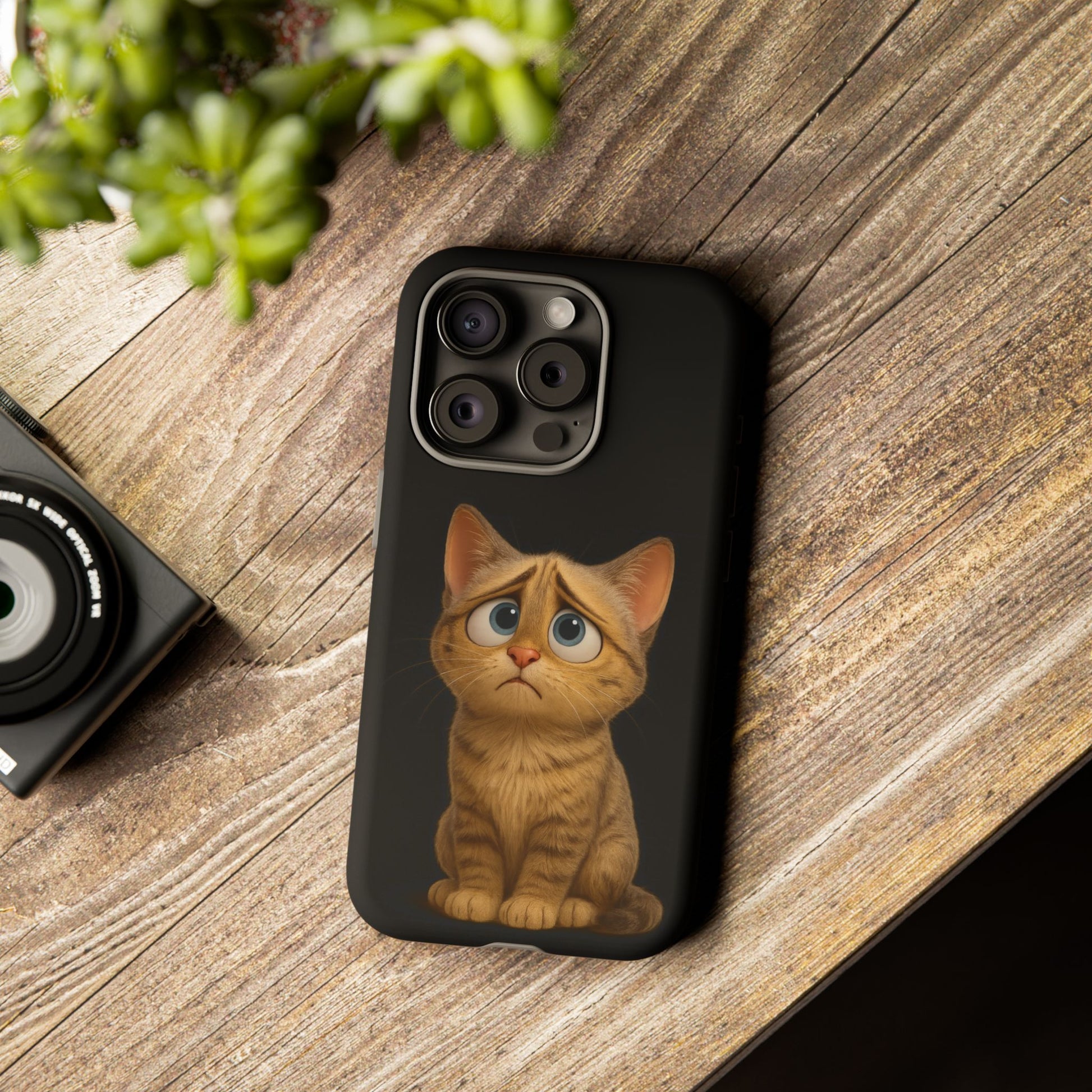 Cute sad kitty cat phone case for iPhone by Printify, featuring a protective design with a sad kitten illustration.