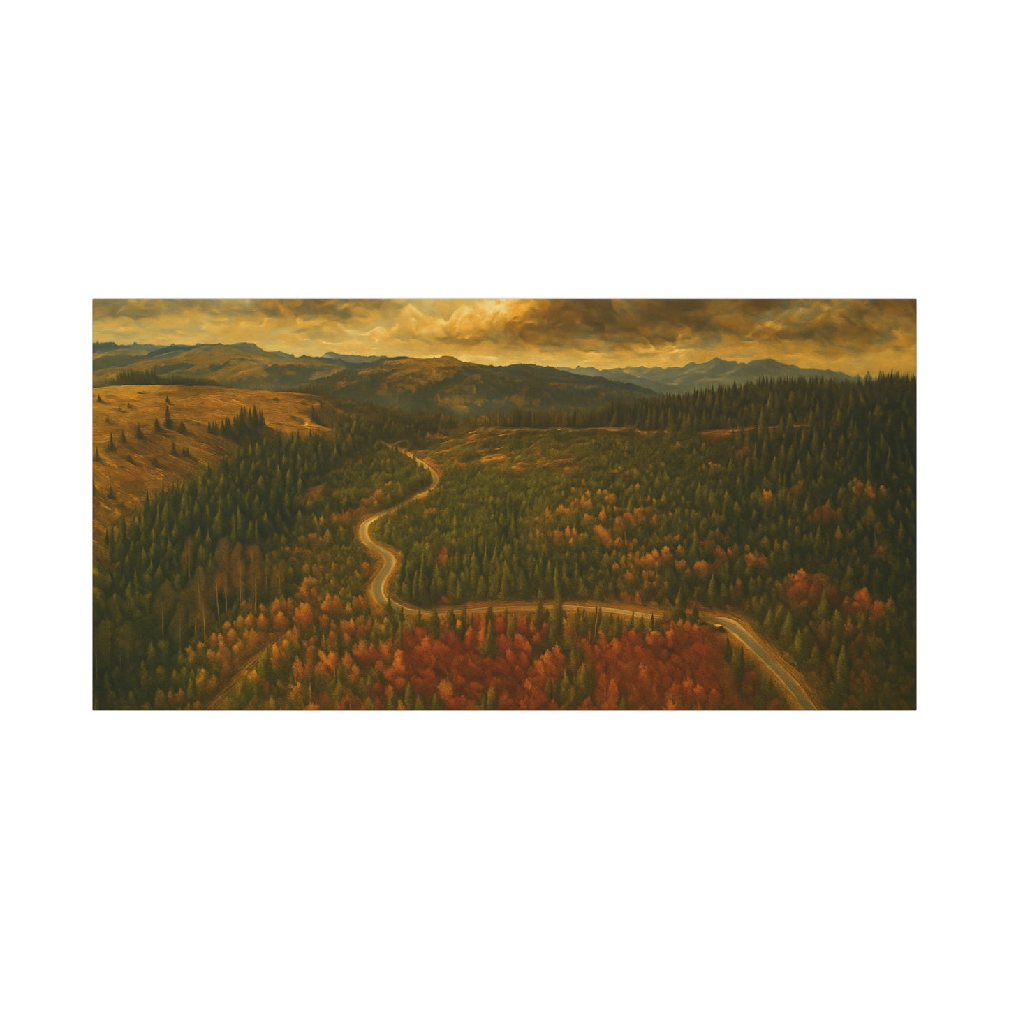 Autumn Ridge Road matte stretched canvas featuring a moody forest landscape wall art by Printify