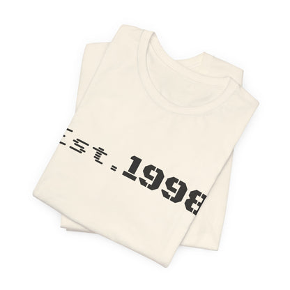 Vintage Est. 1998 T-Shirt by Printify featuring a graphic design celebrating the year born, casual unisex tee.