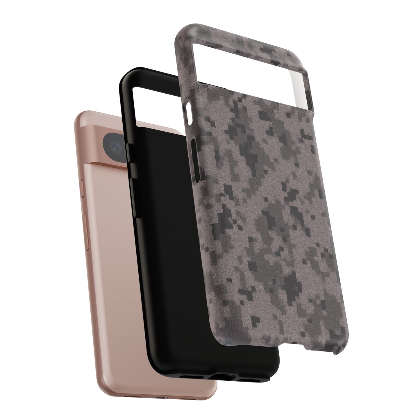 Gray digital camouflage phone case by Printify, showing a tough protective cover with a gray camo pattern for smartphones.