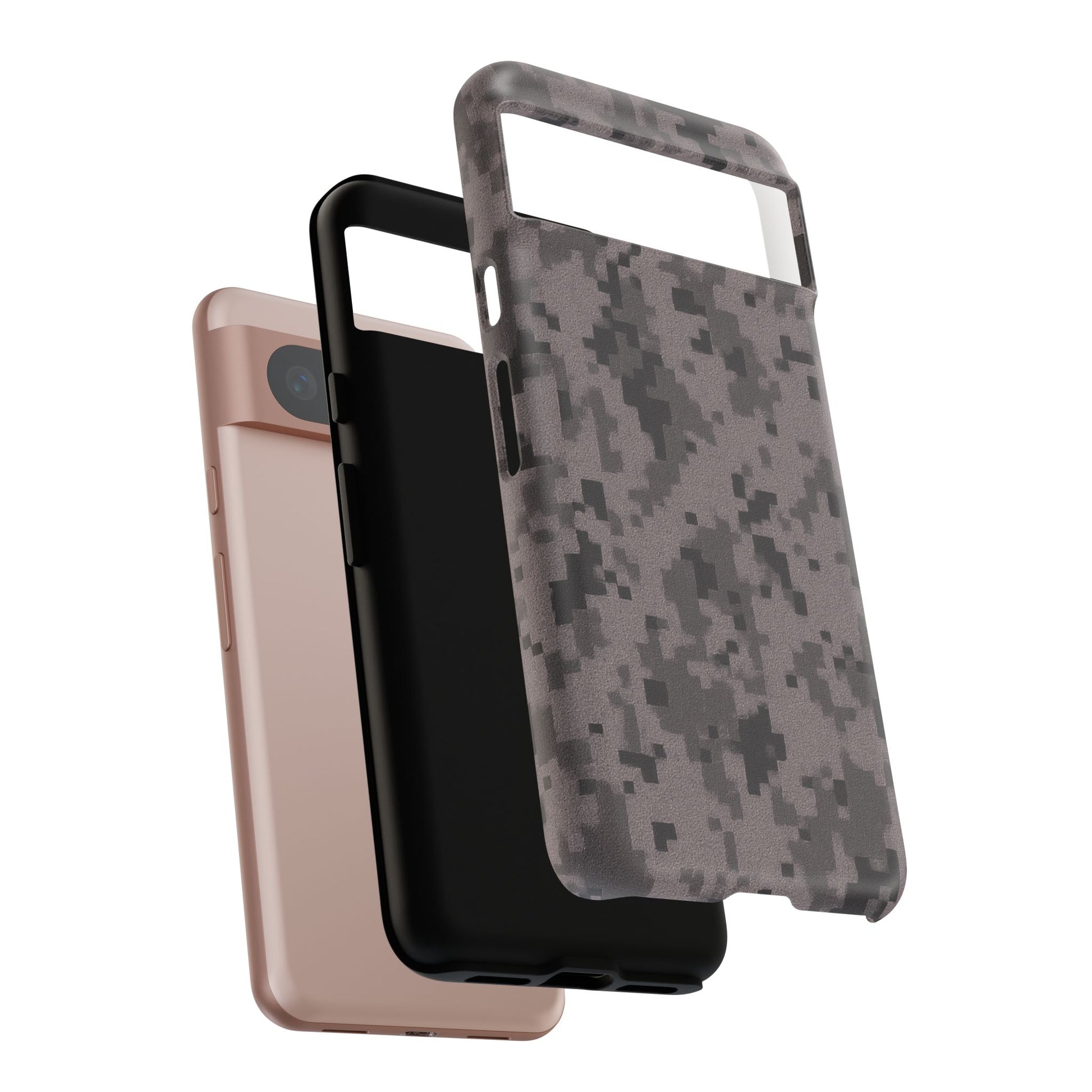 Gray digital camouflage phone case by Printify, showing a tough protective cover with a gray camo pattern for smartphones.