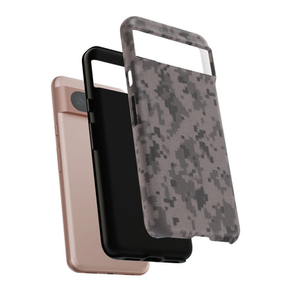 Gray digital camouflage phone case by Printify, showing a tough protective cover with a gray camo pattern for smartphones.