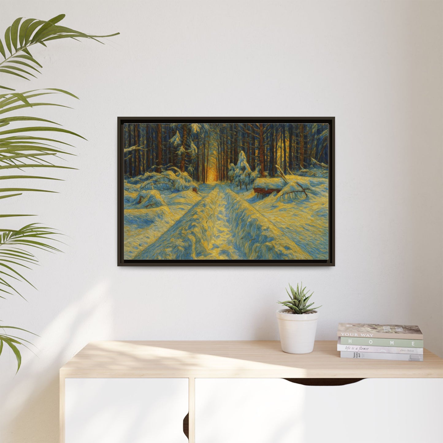 Framed matte canvas print of a snowy forest path at sunset, wall art by Printify showcasing nature and serene winter landscape.
