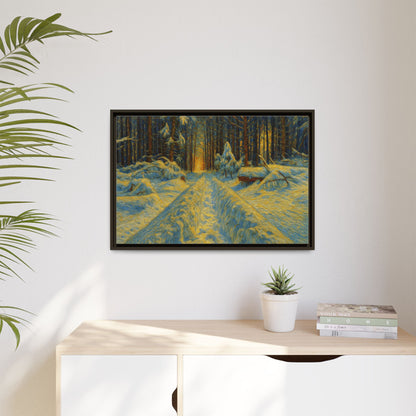 Framed matte canvas print of a snowy forest path at sunset, wall art by Printify showcasing nature and serene winter landscape.
