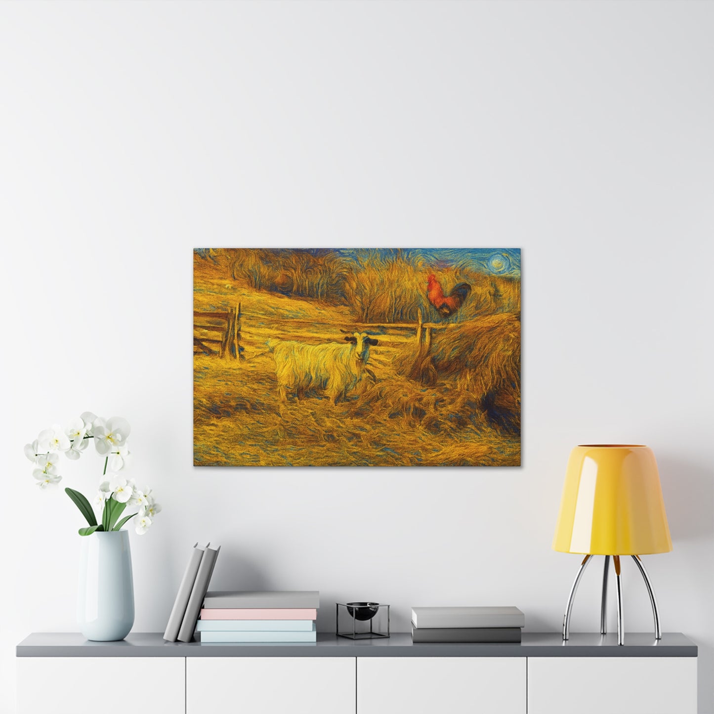 Rustic Farmhouse Canvas Print with Goat and Rooster, Country Decor, Animal Art, Gift for Farmers, Farmhouse Wall Art, Rustic Home Decor