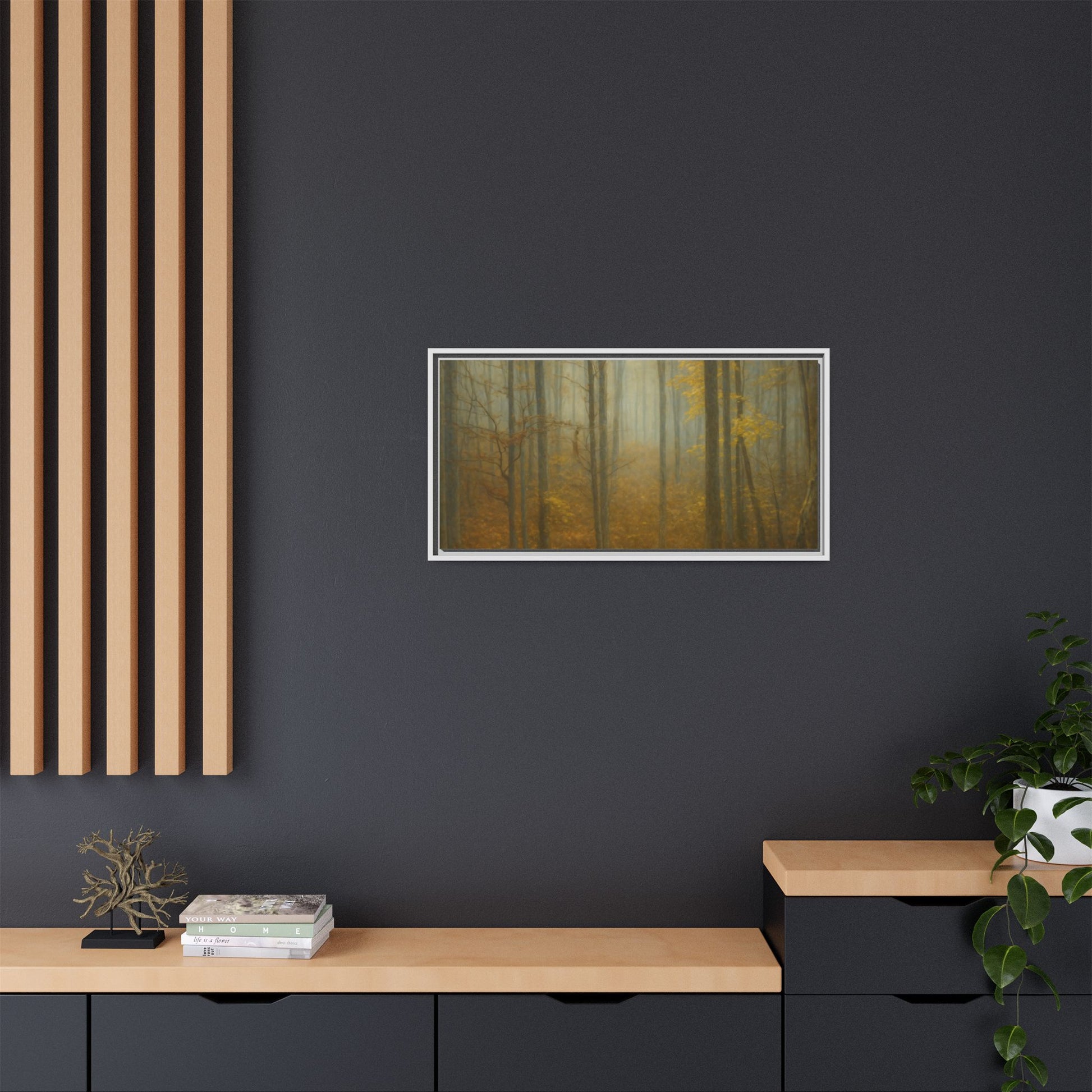 Framed matte canvas wall art of a misty autumn forest scene, featuring vibrant fall colors and detailed tree silhouettes.