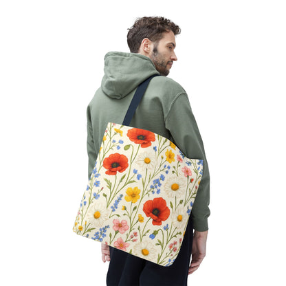 Wildflower Poppy print tote bag by Printify featuring a floral all-over pattern, showcasing a spacious, stylish bag for everyday use.