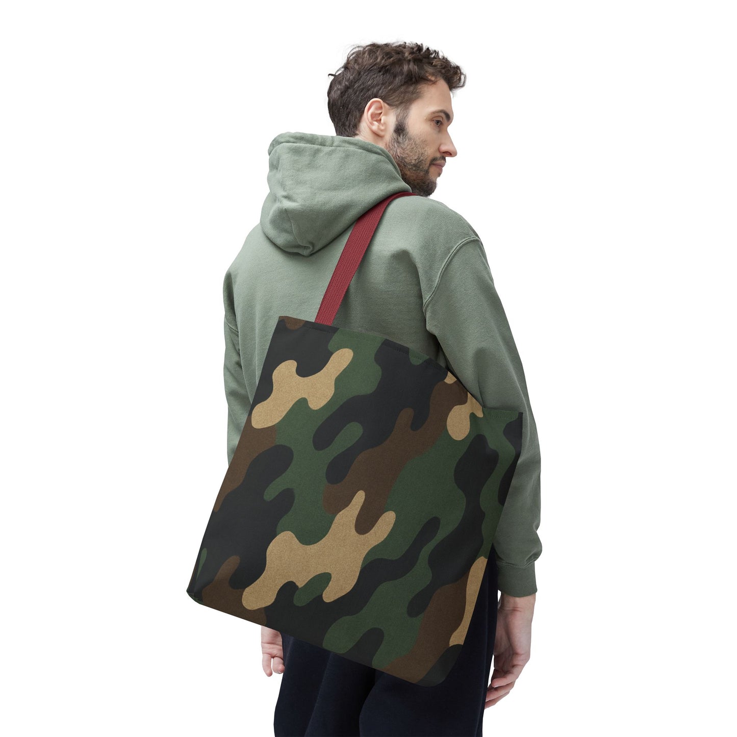 Camo pattern tote bag by Printify featuring an all-over printed canvas design, ideal for carrying daily essentials.