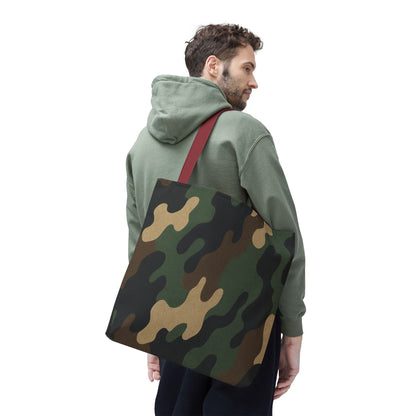 Camo pattern tote bag by Printify featuring an all-over printed canvas design, ideal for carrying daily essentials.