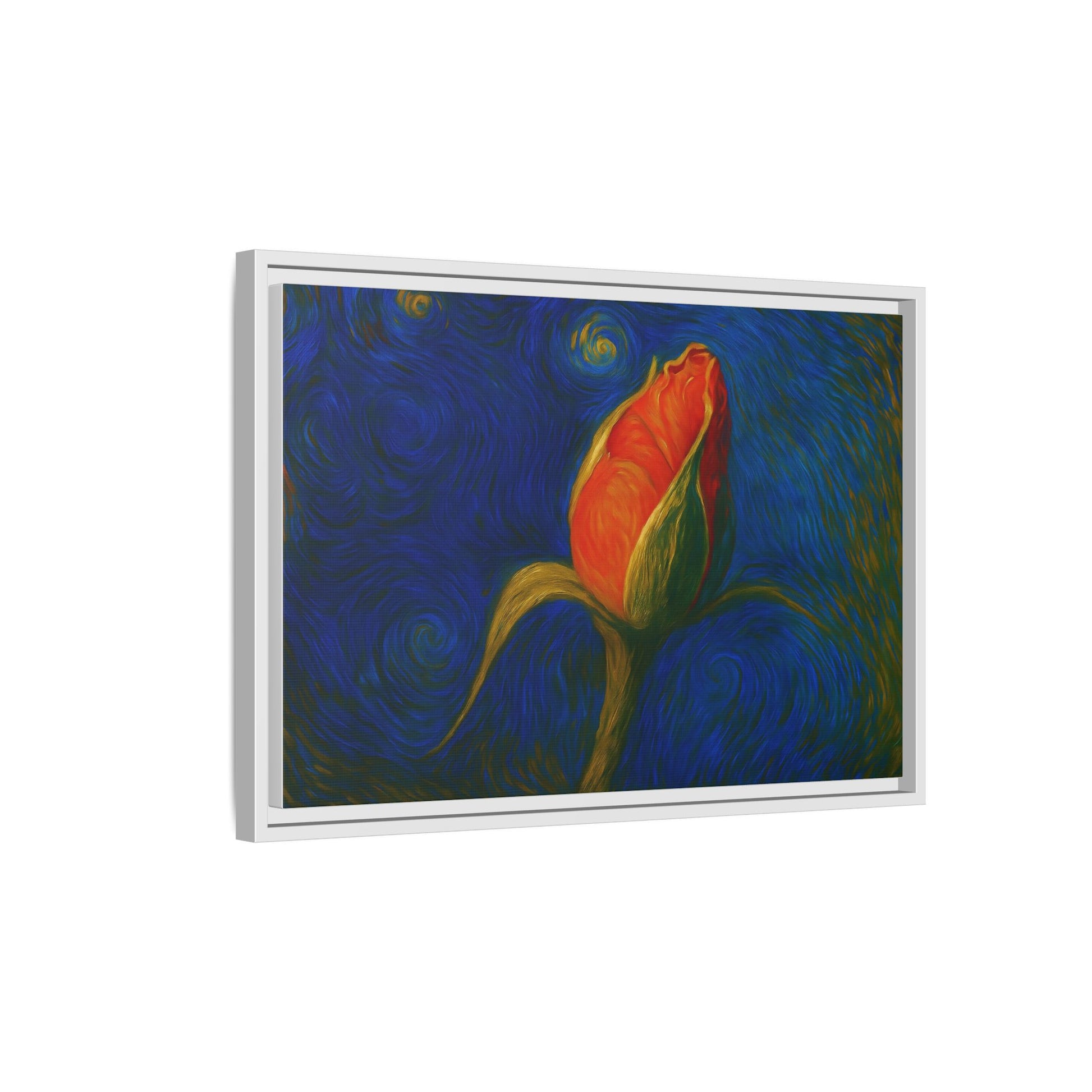 Red rose bud painting on framed canvas wall art by Printify, featuring vibrant red roses in a matte finish.