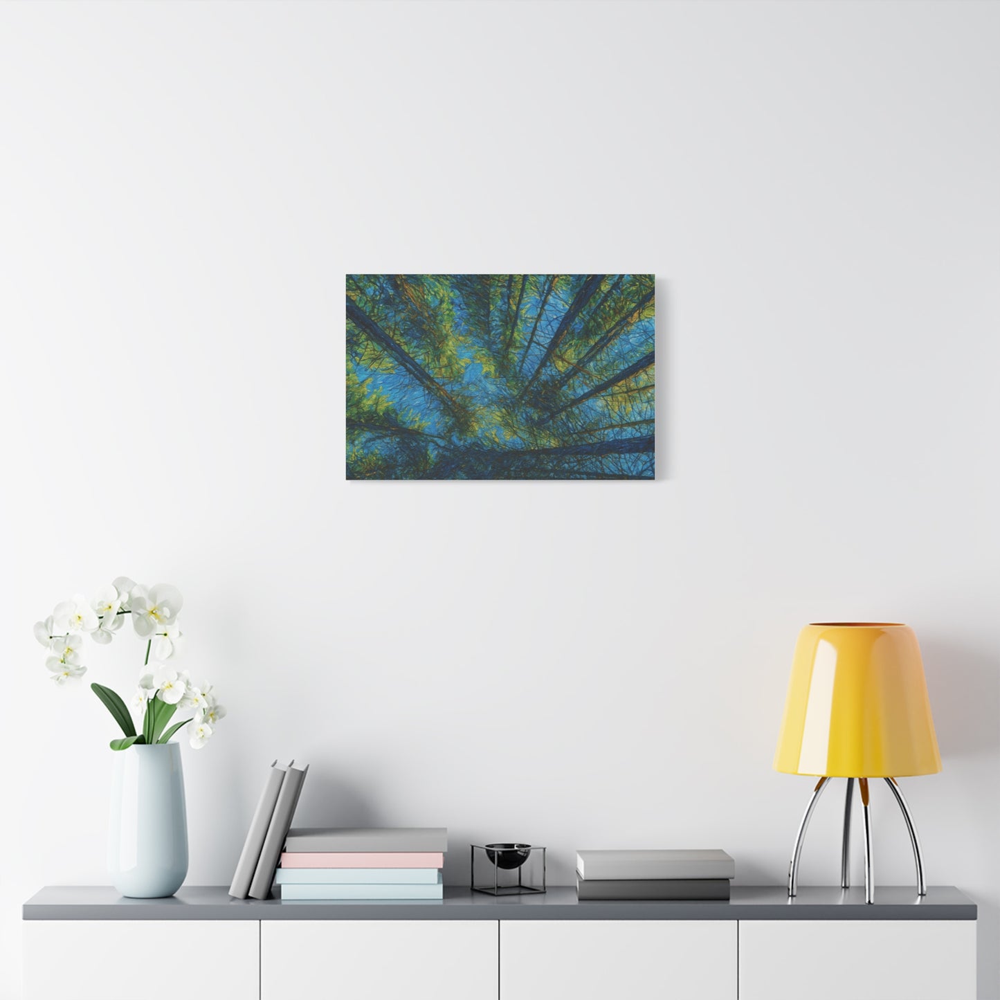 Forest Canopy Matte Canvas Wall Art — Upward View of Trees, Blue & Green Nature Print