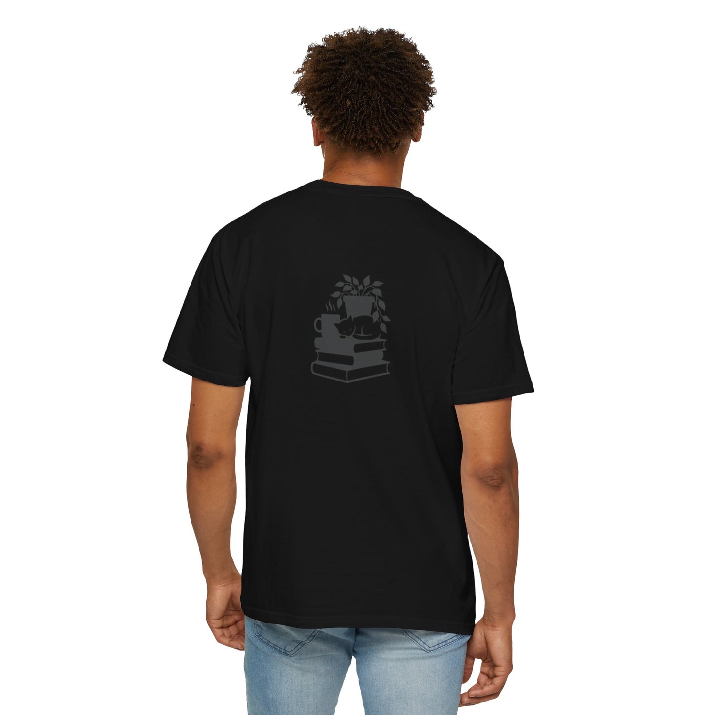 Cozy Cat on Books T-Shirt | Reading Tea Stack Illustration