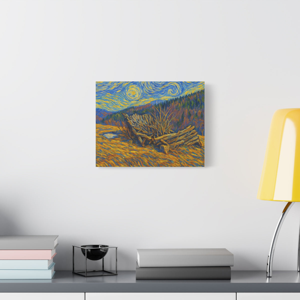 Impressionist Starry Landscape canvas print by Printify featuring a night sky with stars and a serene landscape scene.