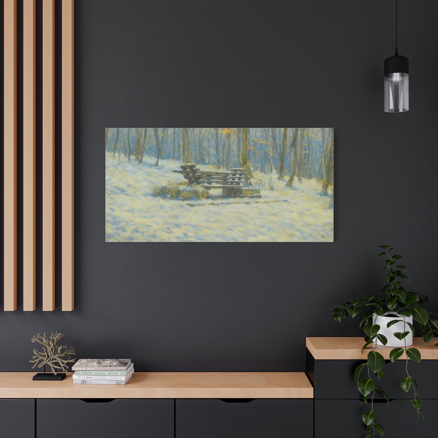 Snowy park bench matte canvas print featuring winter woodland scene, stretched 1.25-inch wall art by Printify.