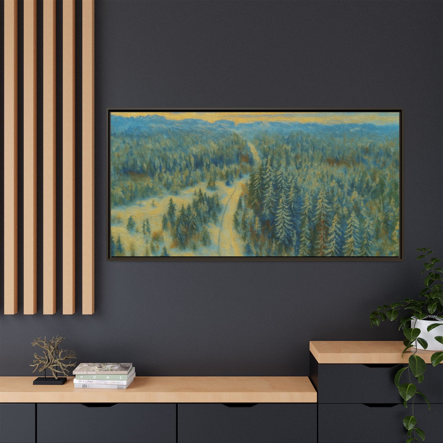 Framed matte canvas print of a serene winter forest landscape by Printify, showcasing snow-covered trees and peaceful scenery.