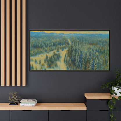 Framed matte canvas print of a serene winter forest landscape by Printify, showcasing snow-covered trees and peaceful scenery.