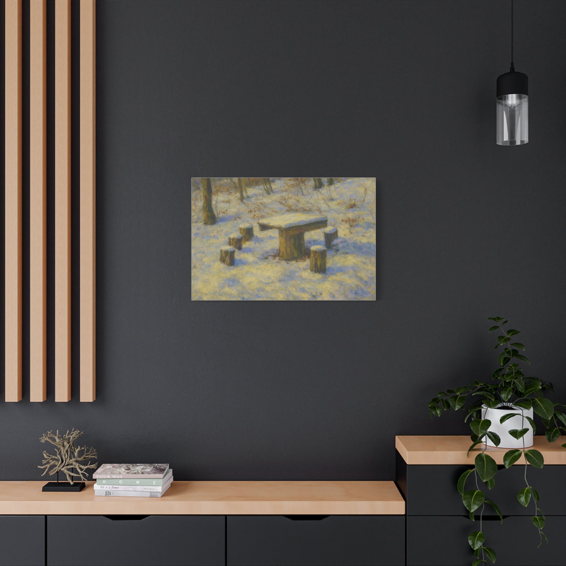 Snowy forest winter landscape canvas wall art by Printify, matte stretched print featuring a snowy forest scene.