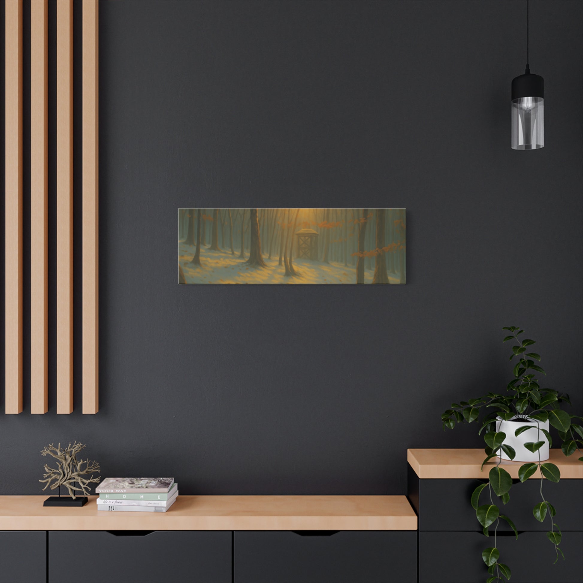 Matte stretched canvas print of Misty Forest Sunrise landscape artwork by Printify, featuring soft forest tones and sunrise colors.