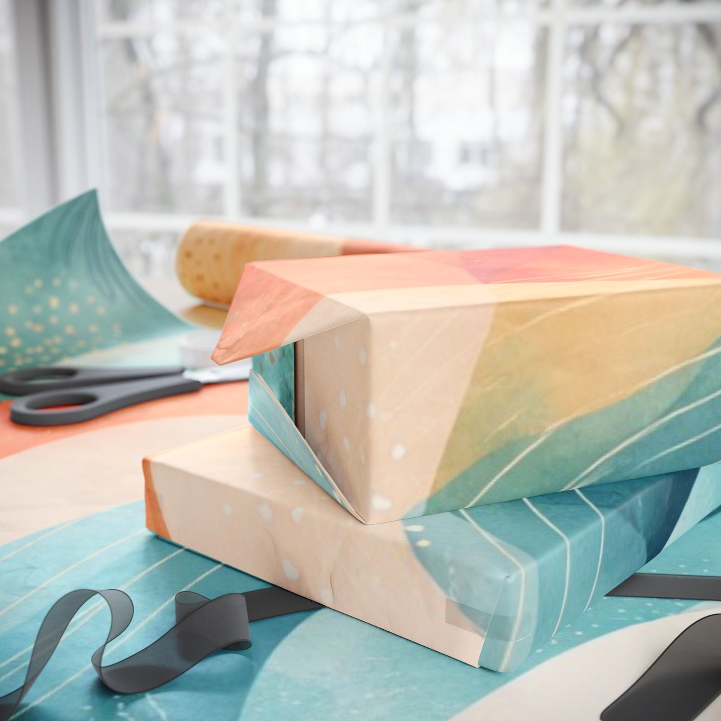 Abstract Wave Wrapping Paper Roll — Teal & Coral Modern Gift Wrap