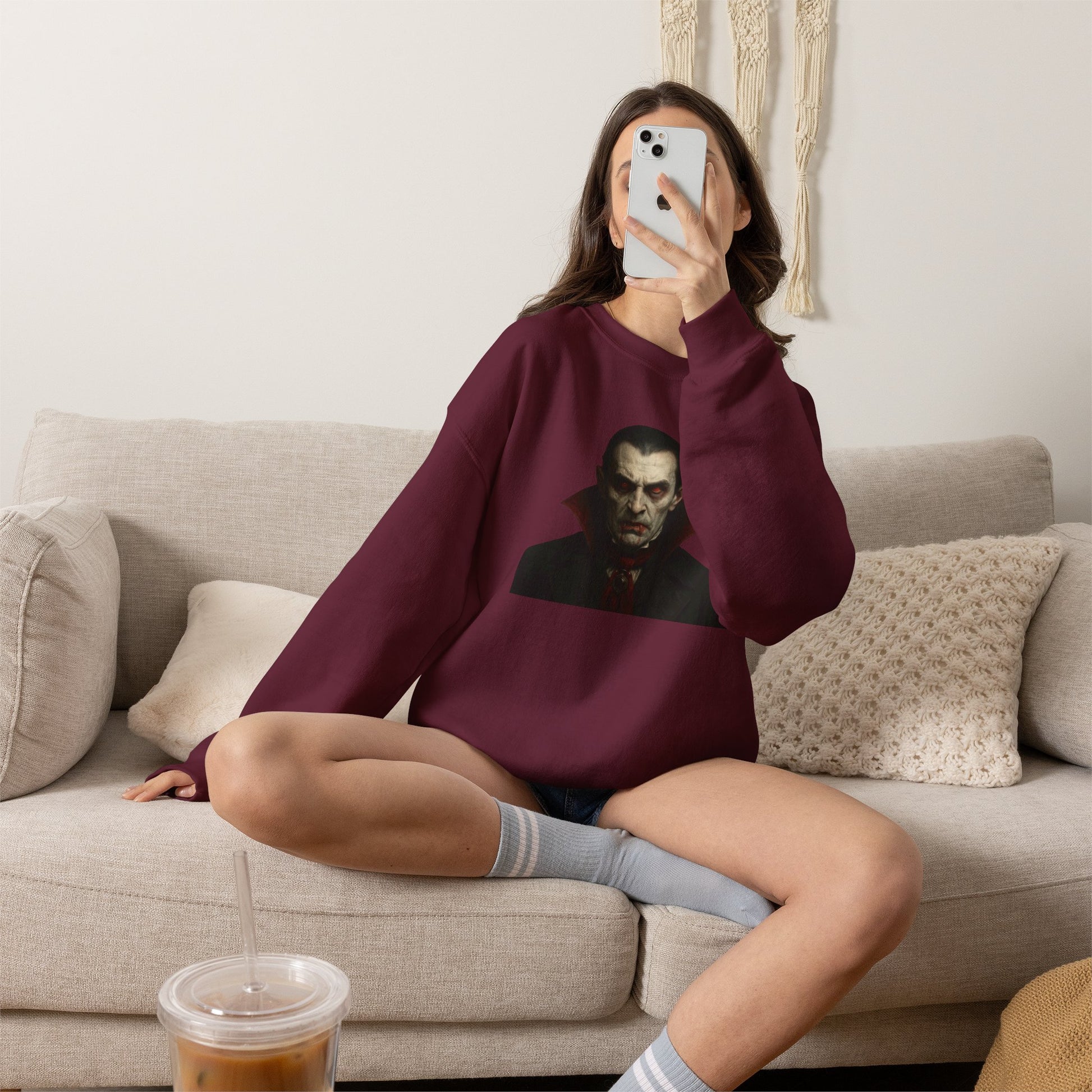 Black crewneck sweatshirt featuring a vampire portrait print, made by Printify, with detailed vampire graphic on the front.