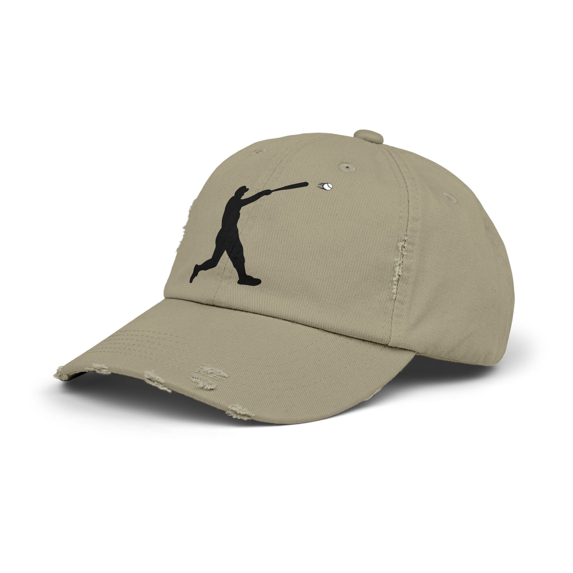 Distressed baseball cap with silhouette batter design, casual hat by Printify, featuring a worn, vintage style and curved brim.