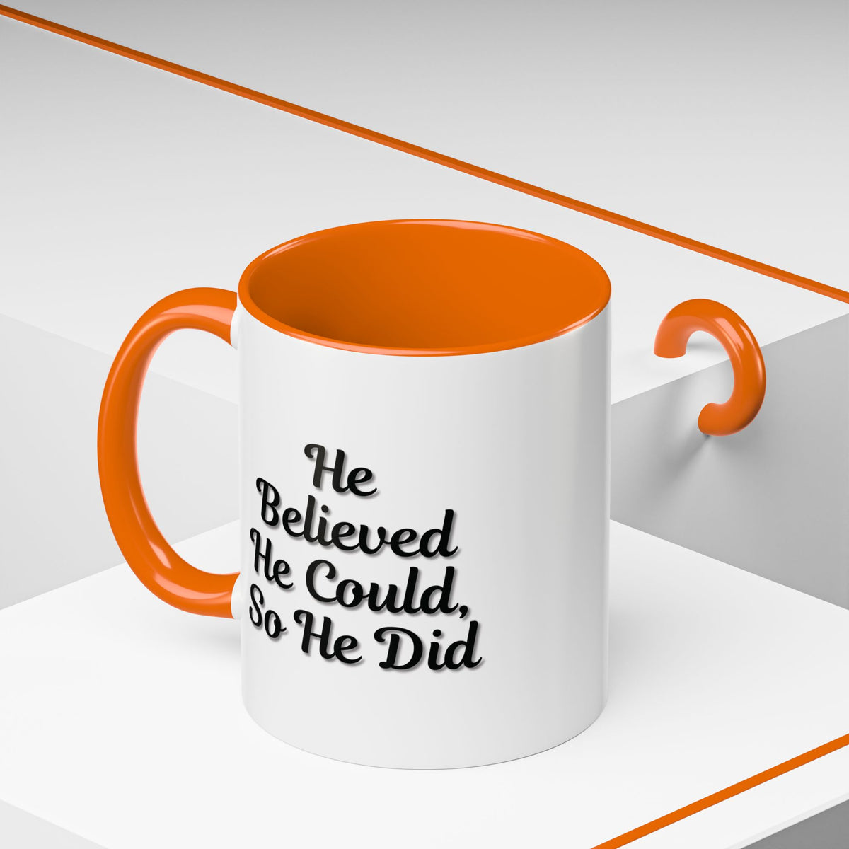 Printify inspirational coffee mug with the phrase "He Believed He Could So He Did" featuring bold black text on a white ceramic mug.