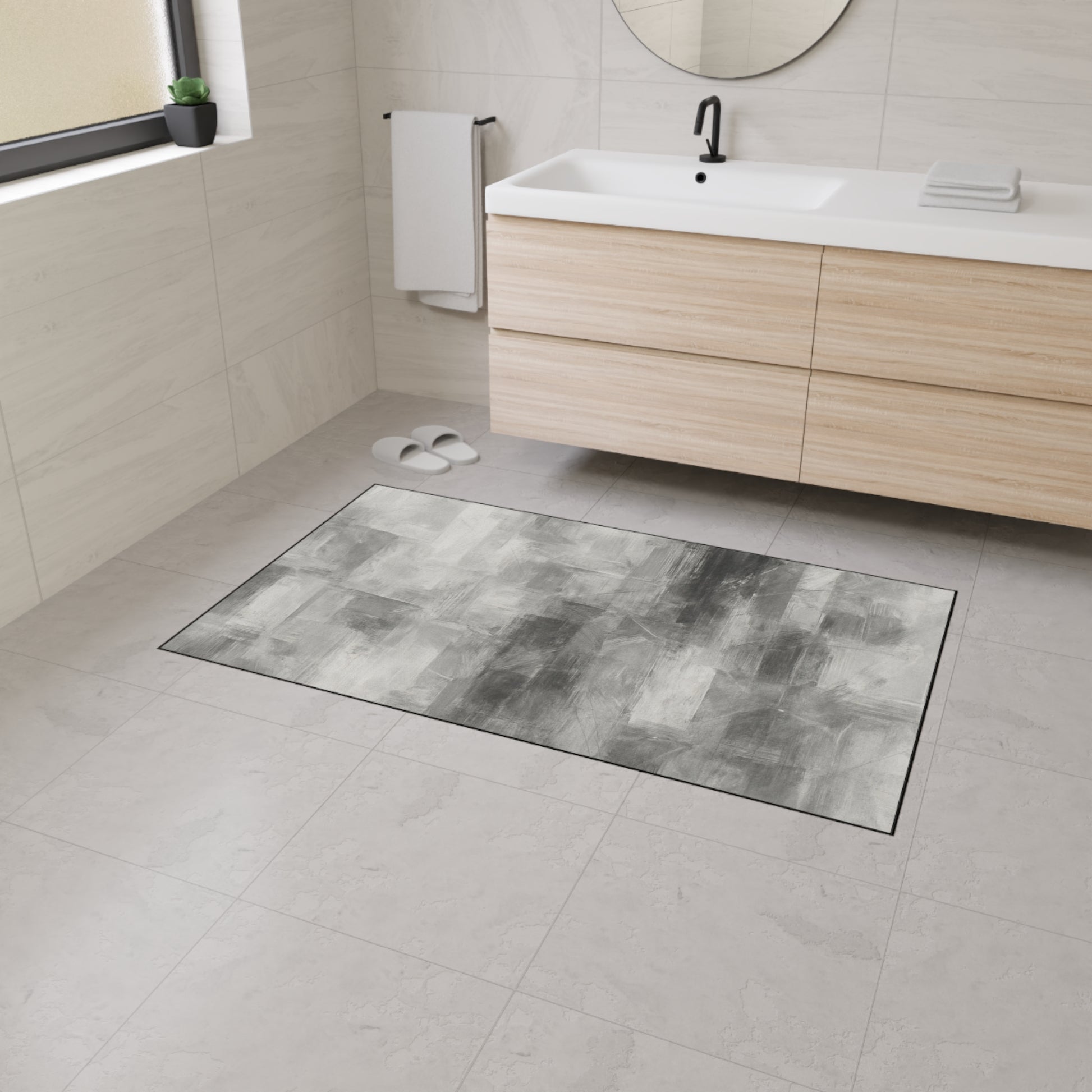 Modern abstract floor mat by Printify, heavy-duty rug for kitchen or entryway with stylish geometric design.