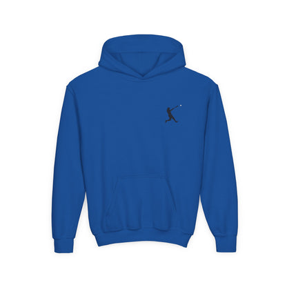 Youth baseball silhouette hoodie for kids, featuring a baseball player design on a comfortable pullover sweatshirt by Printify.