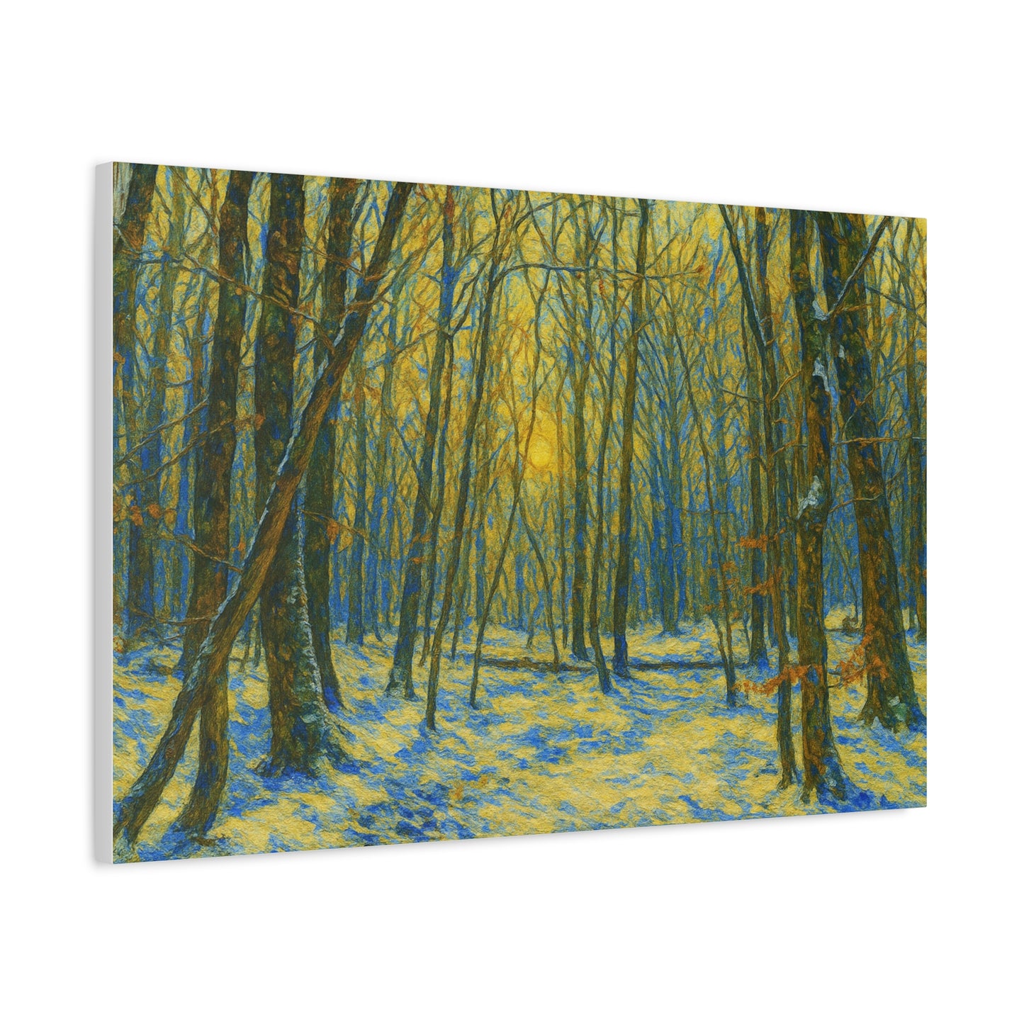 Winter woodland scene canvas print by Printify featuring sunlight filtering through a forest in a matte stretched canvas style.