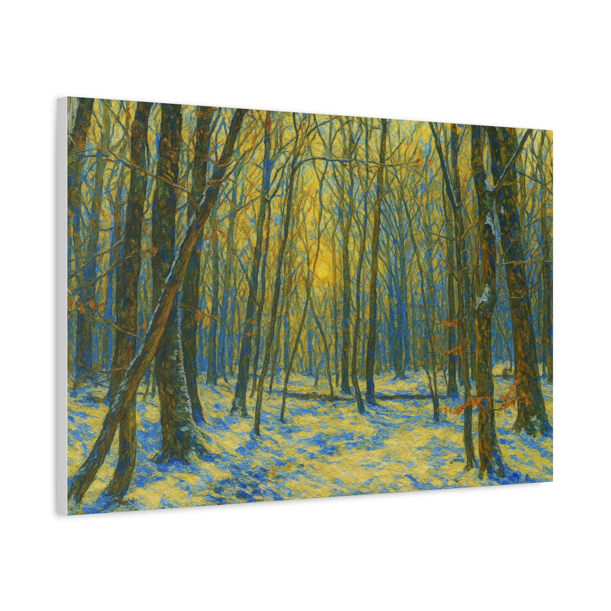 Winter woodland scene canvas print by Printify featuring sunlight filtering through a forest in a matte stretched canvas style.