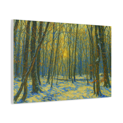 Winter woodland scene canvas print by Printify featuring sunlight filtering through a forest in a matte stretched canvas style.