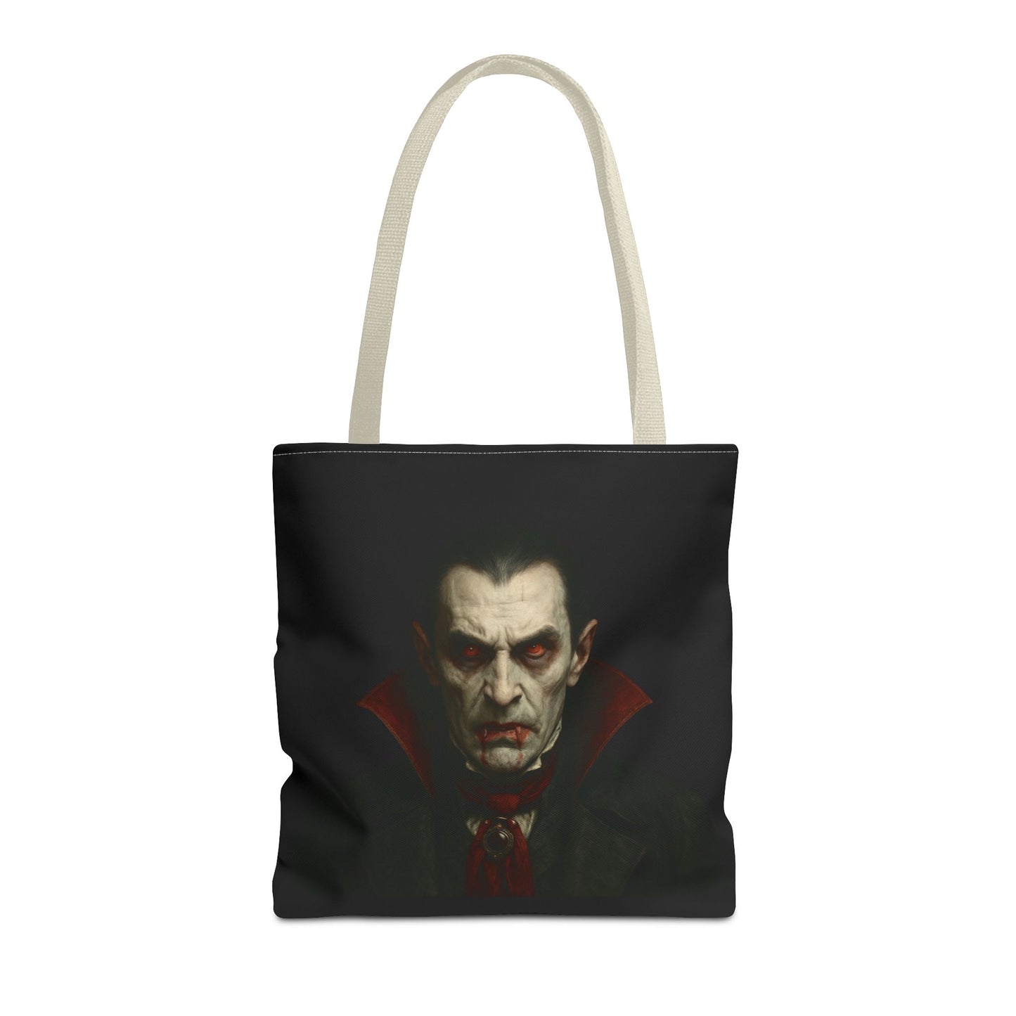 Black vampire tote bag with gothic design and spooky Halloween theme, featuring a printify logo on the bag.