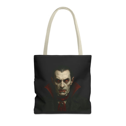 Black vampire tote bag with gothic design and spooky Halloween theme, featuring a printify logo on the bag.