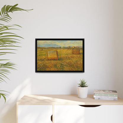 Framed matte canvas wall art featuring a rustic hayfield landscape print by Printify, perfect for rustic home decor.