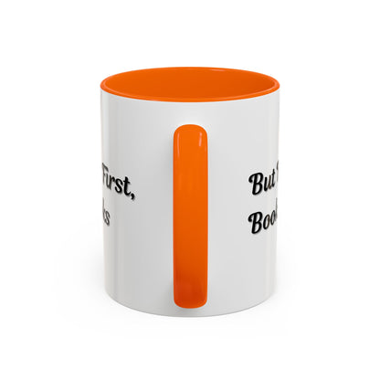 Printify "But First, Books" coffee mug featuring book lover quote, 11oz ceramic mug with white finish and handle.