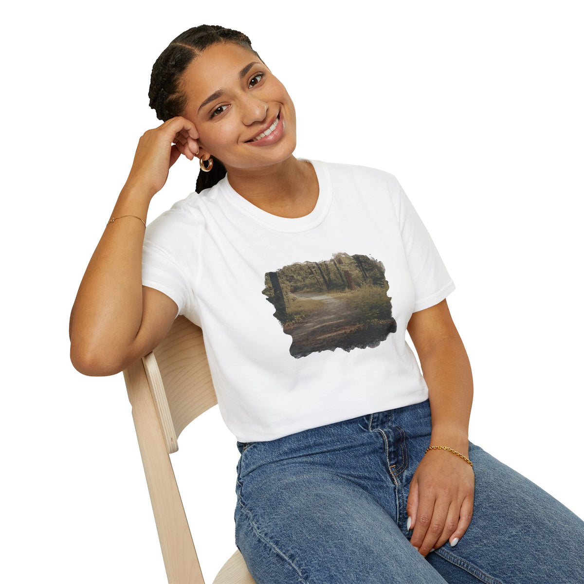 Vintage forest landscape T-shirt featuring a nature pathway design, made by Printify, with detailed woodland scenery on soft fabric.