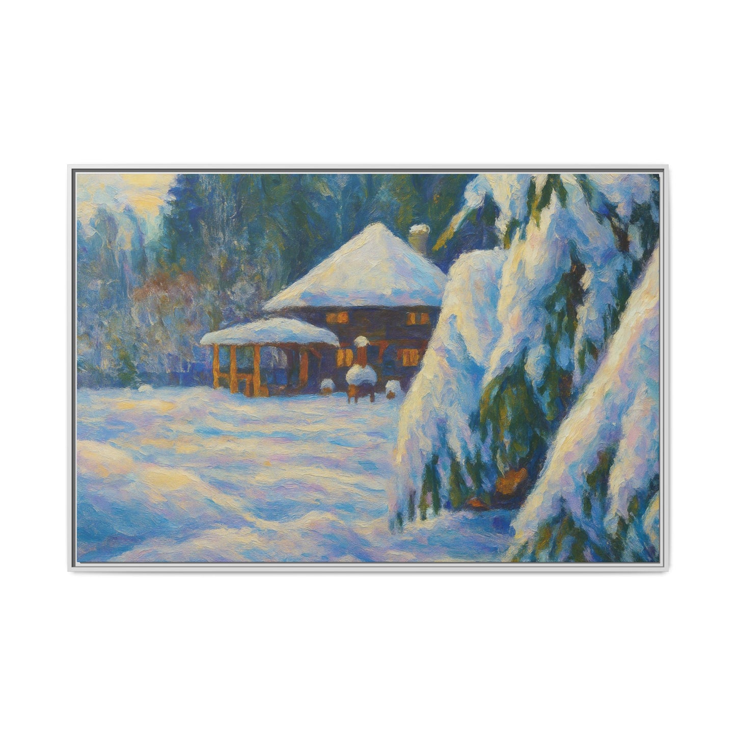 Framed matte canvas print of a snowy cabin winter landscape wall art by Printify, showcasing a cozy cabin surrounded by snow.