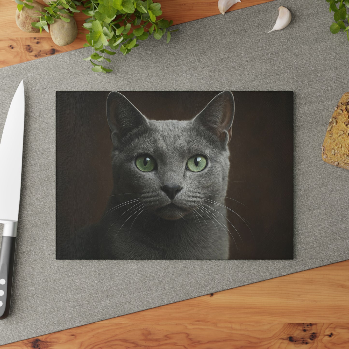 Russian Blue Cat Glass Cutting Board — Decorative Kitchen Cutting Board with Green-Eyed Cat Portrait