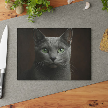 Russian Blue Cat Glass Cutting Board — Decorative Kitchen Cutting Board with Green-Eyed Cat Portrait