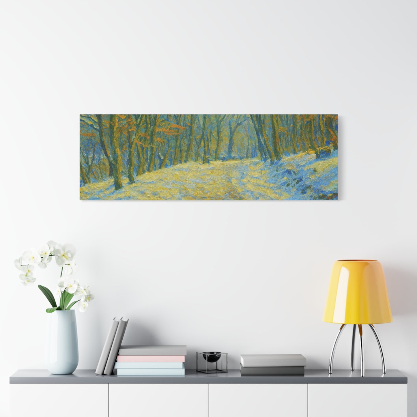 Winter landscape canvas wall art by Printify showing a cozy nature scene, perfect for living room decor.