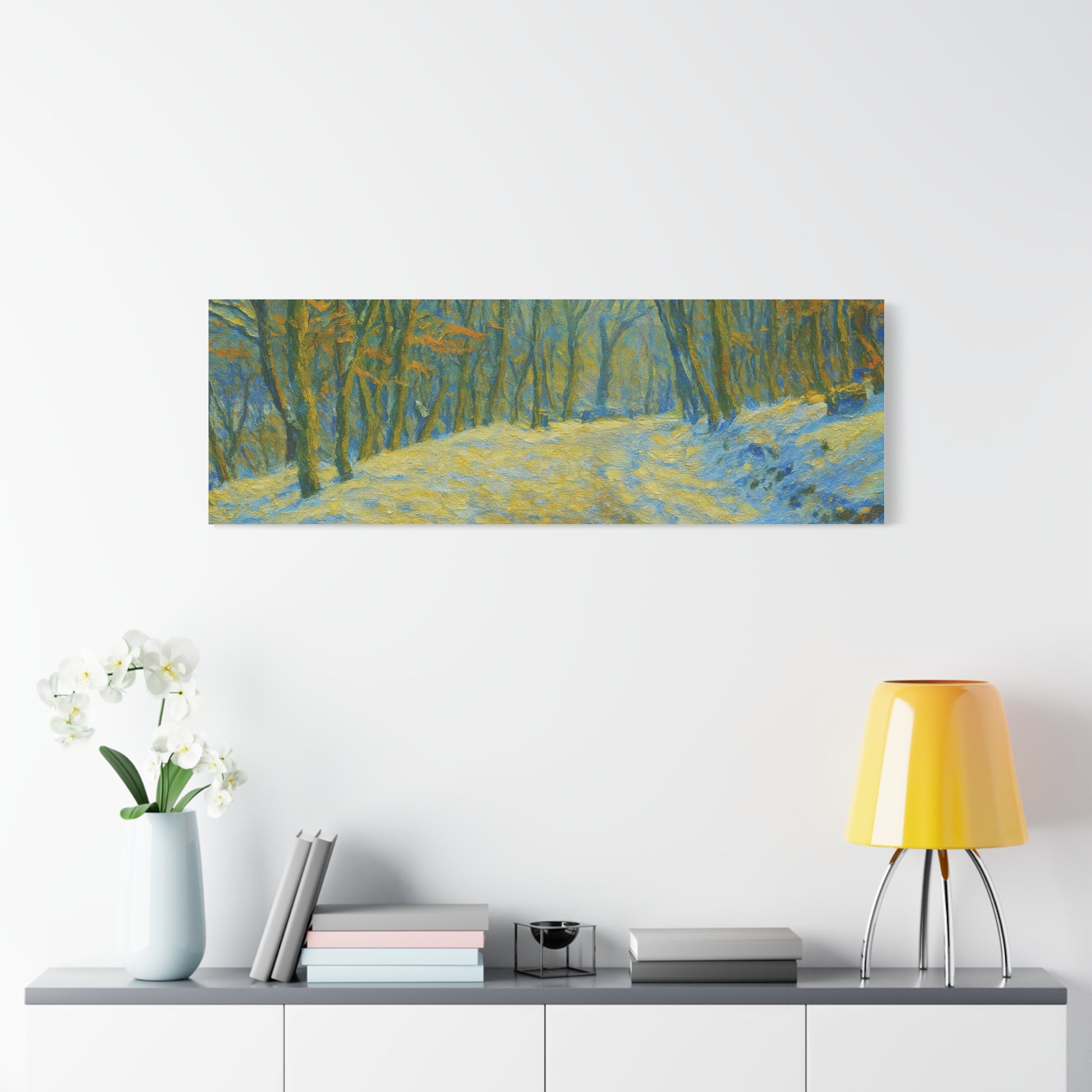 Winter landscape canvas wall art by Printify showing a cozy nature scene, perfect for living room decor.