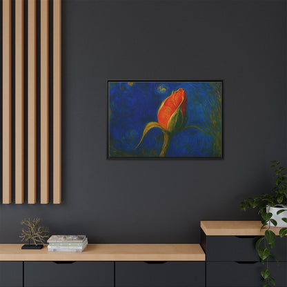 Red rose bud painting on framed canvas wall art by Printify, featuring vibrant red flowers in a matte floral design.