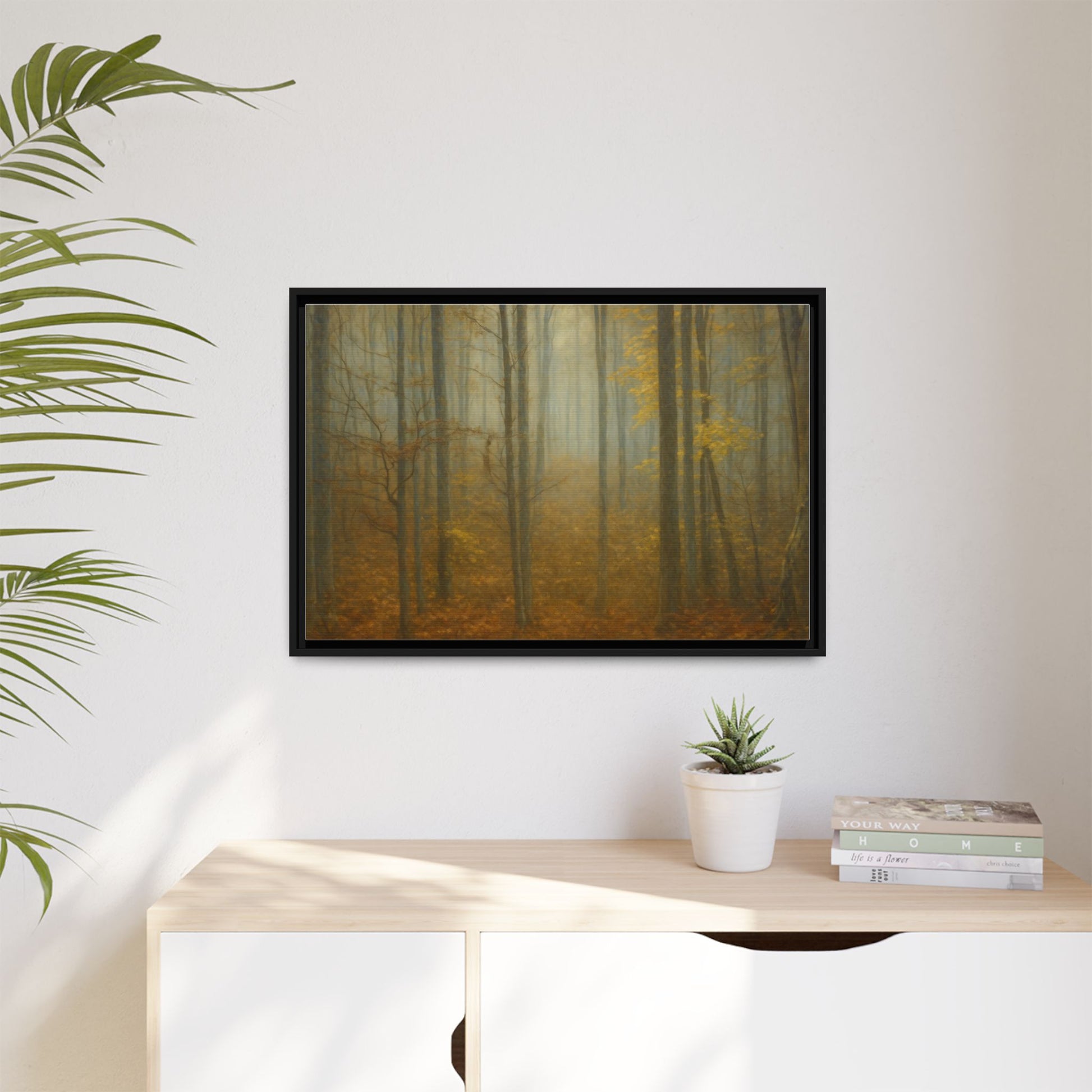 Framed matte canvas wall art of a misty autumn forest with trees in warm tones, by Printify.
