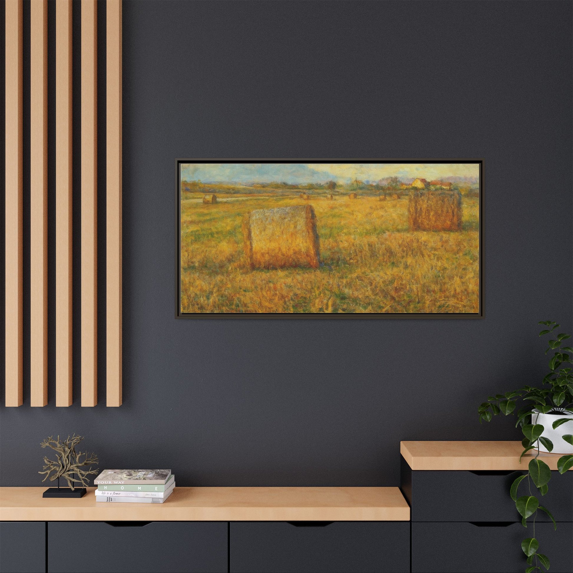 Framed matte canvas wall art featuring a rustic hayfield landscape print by Printify, showcasing warm countryside scenery.