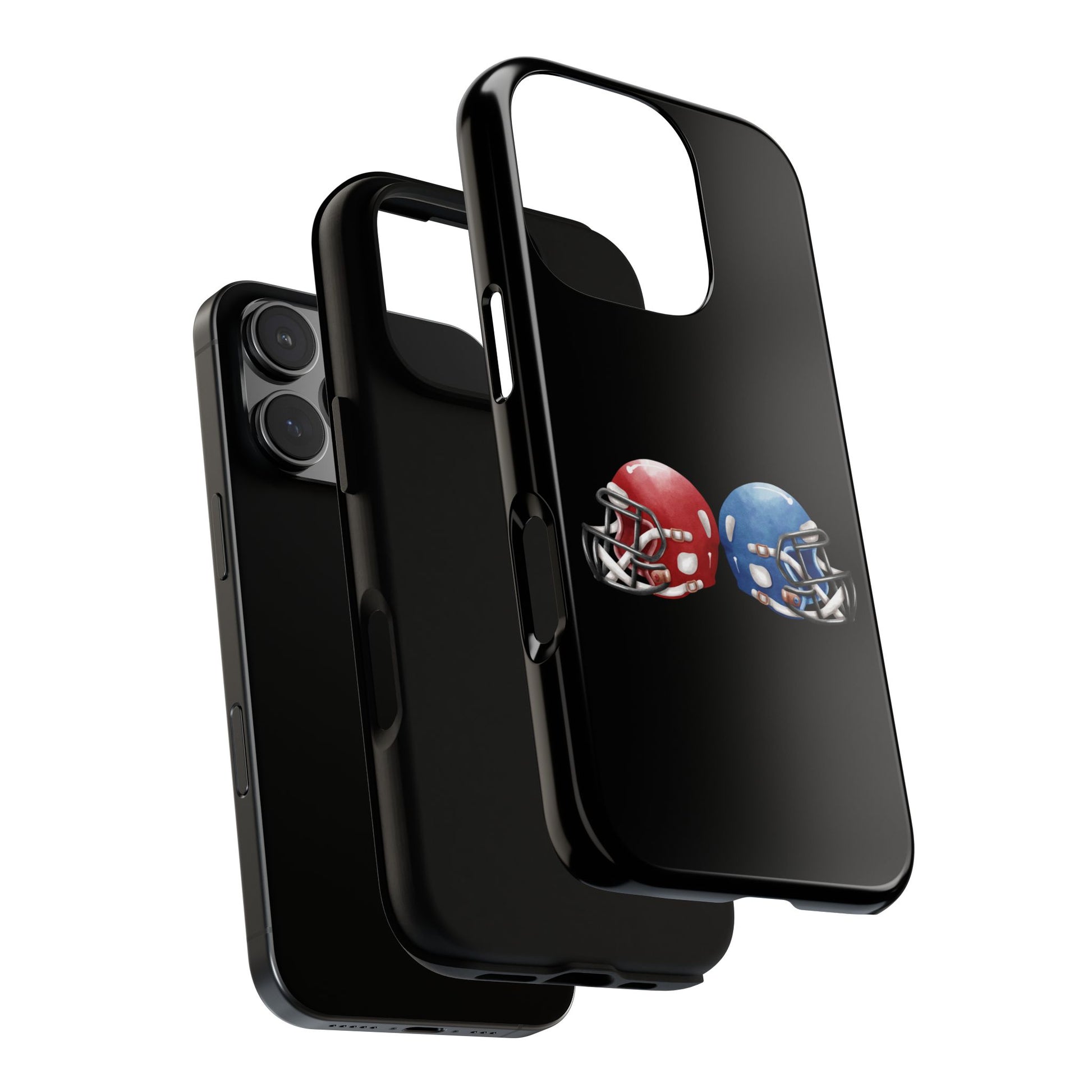 Red and blue football helmet tough phone case for iPhone, protective Printify cover with realistic helmet design.