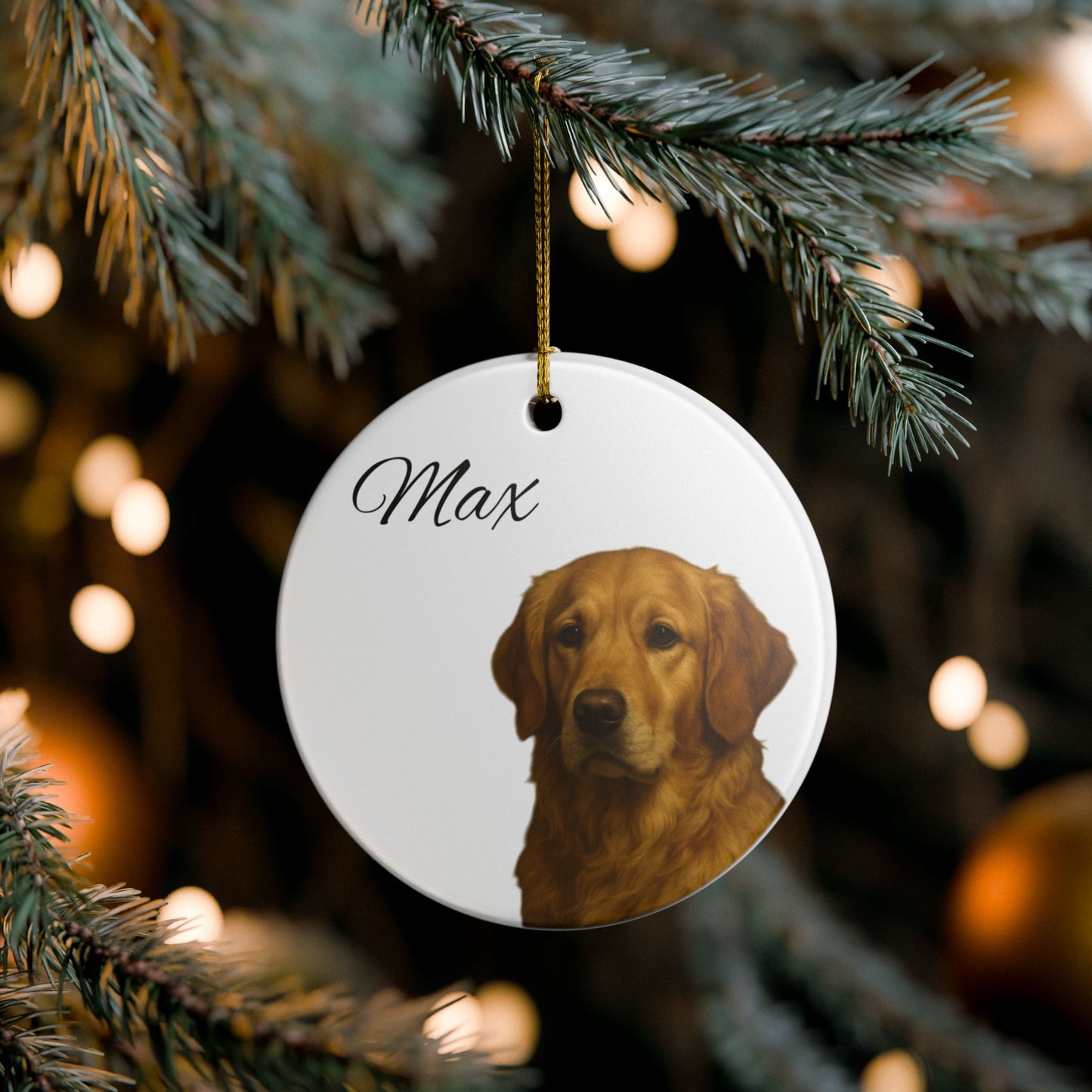 Personalized golden retriever ceramic ornament with custom pet name, memorial decoration, designed by Printify.
